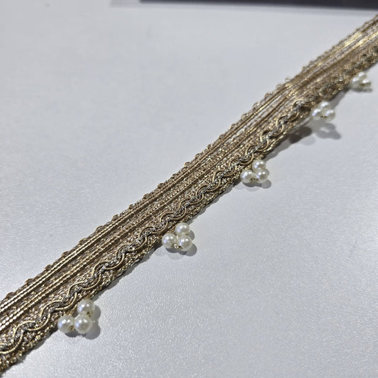 Luxury Gold Pearl Drop Embroidered Lace Trim Border | Bridal Wedding Saree Decorative Trim by 9 Metres