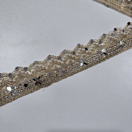Luxury Ivory Pearl Crystal Mirror Embroidered Lace Trim Border | Bridal Wedding Saree Dress Trim by 9 Metres