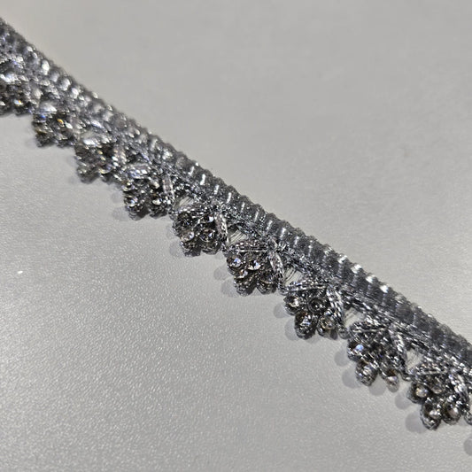 Silver Crystal Floral Lace Trim Ribbon | Metallic Embroidered Decorative Border for Bridal, Saree & Sewing by 9 Metres