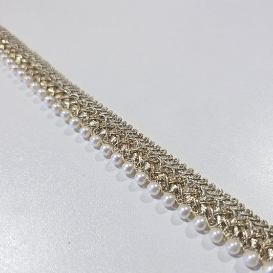 Gold Pearl Metallic Lace Trim Ribbon | Decorative Embroidered Border for Bridal, Saree & Dressmaking by 9 Metres