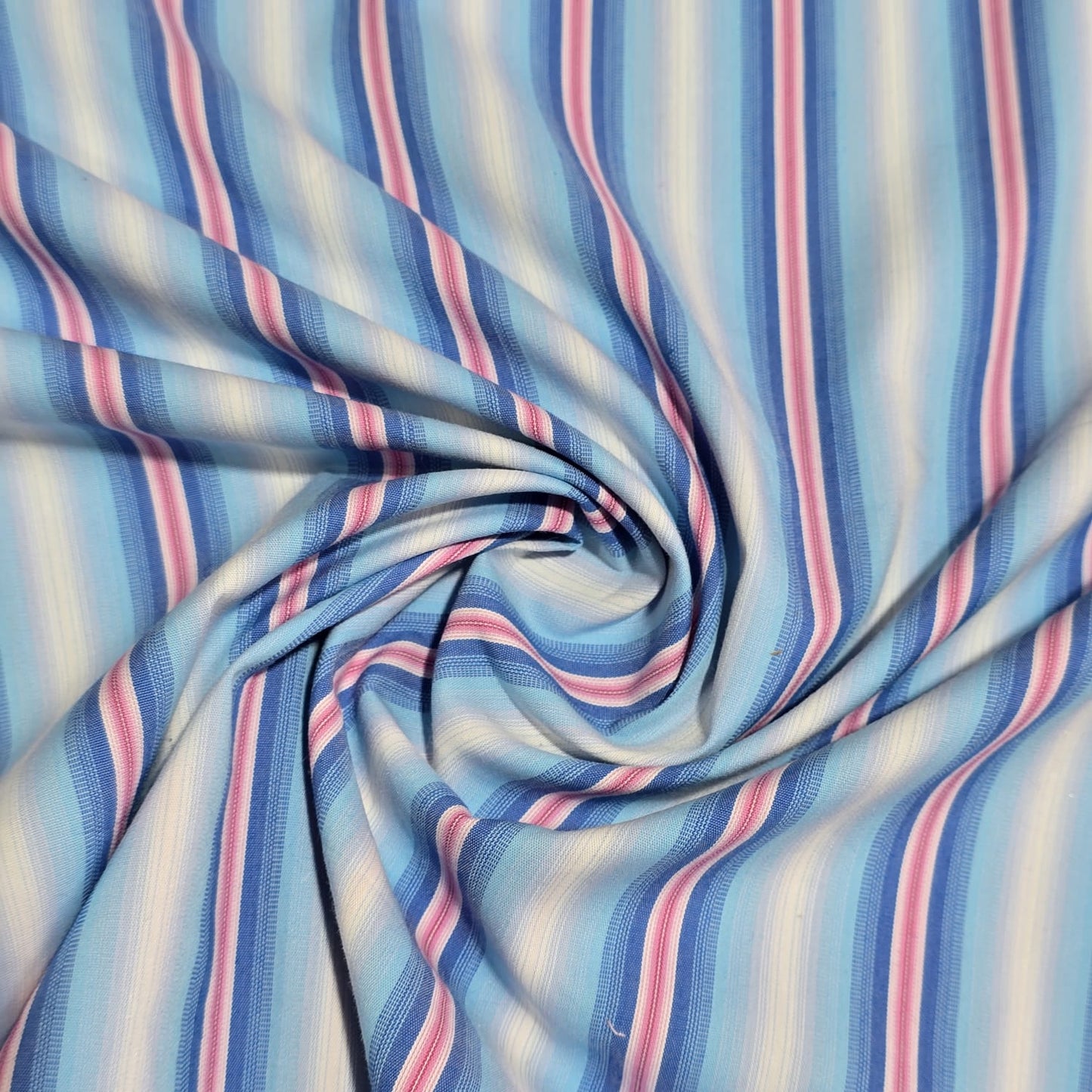 Premium Cotton Stripe Fabric – Sky Blue, White & Pink Woven Stripes | 58 Inch Wide | Soft Breathable Dress & Shirt Fabric