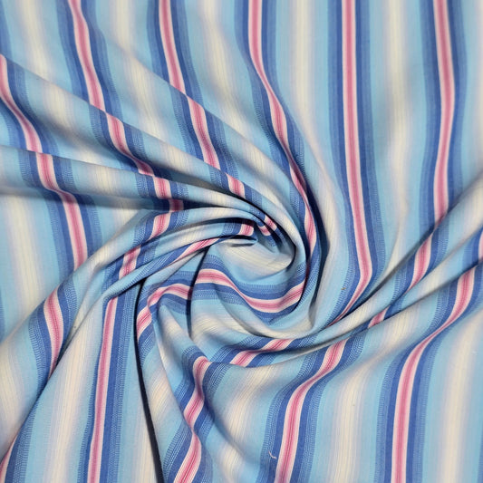 Premium Cotton Stripe Fabric – Sky Blue, White & Pink Woven Stripes | 58 Inch Wide | Soft Breathable Dress & Shirt Fabric