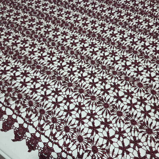 Burgundy mesh lace fabric with scalloped border