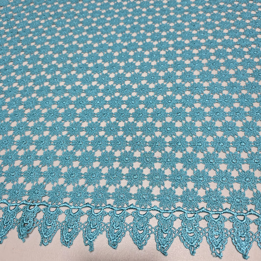 Turquoise mesh lace fabric with scalloped border