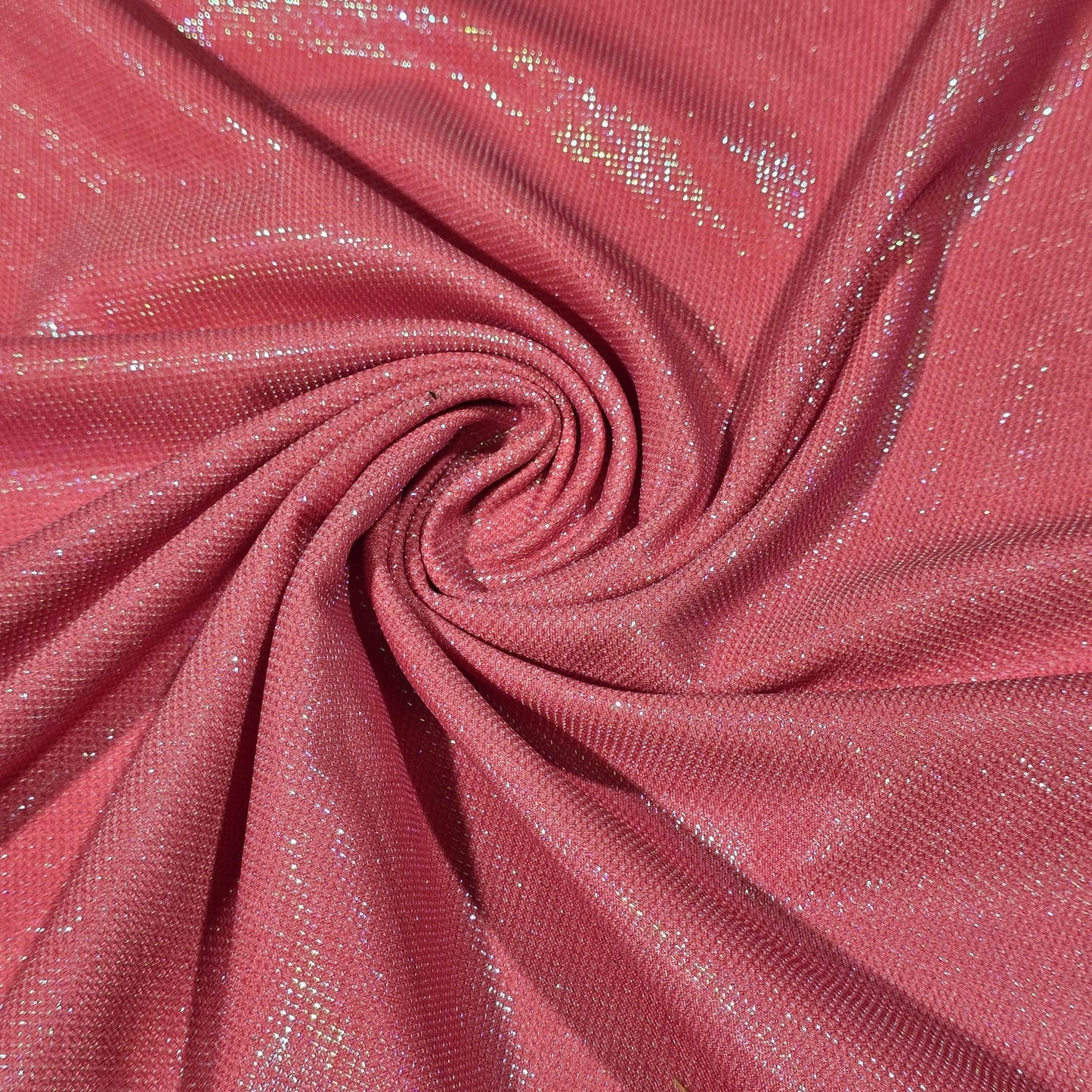 Coral Pink Glitter Stretch Fabric – 2 Way Stretch | Shimmer Knit Fabric | 58 Inch Wide