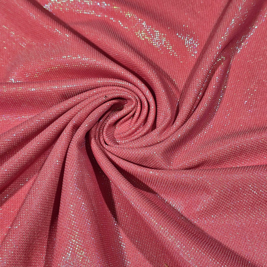 Coral Pink Glitter Stretch Fabric – 2 Way Stretch | Shimmer Knit Fabric | 58 Inch Wide