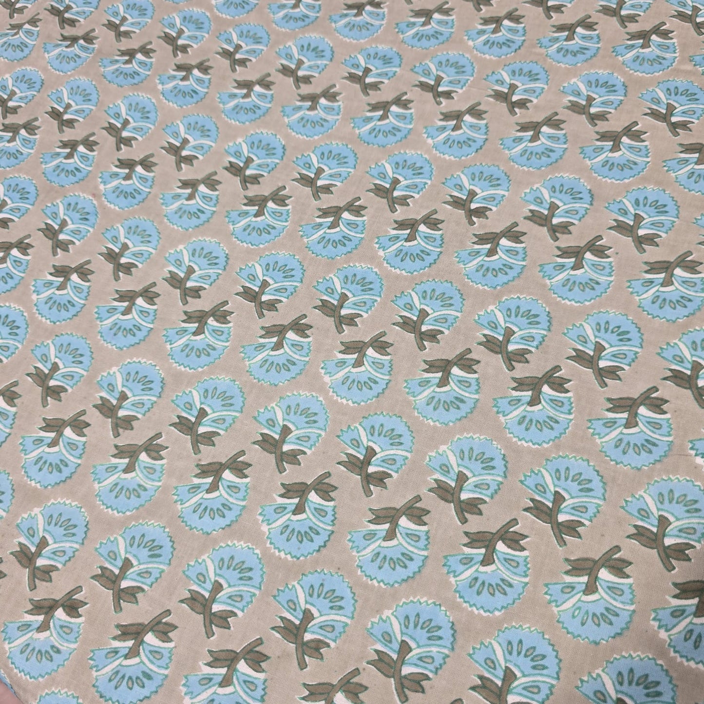 100% Cotton Lawn Fabric – Blue Floral Block Print on Beige | 44 Inch Wide Cotton Dress Fabric