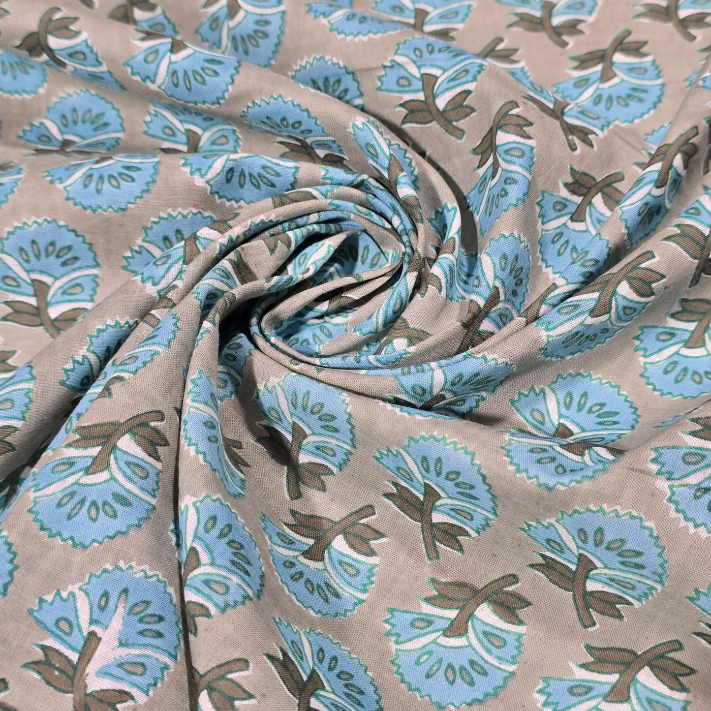 100% Cotton Lawn Fabric – Blue Floral Block Print on Beige | 44 Inch Wide Cotton Dress Fabric
