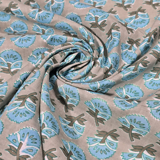 100% Cotton Lawn Fabric – Blue Floral Block Print on Beige | 44 Inch Wide Cotton Dress Fabric