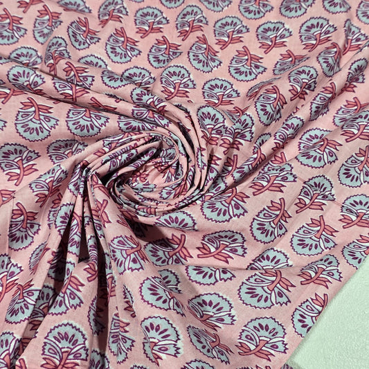 100% Cotton Lawn Fabric – Pink Floral Block Print | Soft Lightweight Cotton | 44 Inch Wide