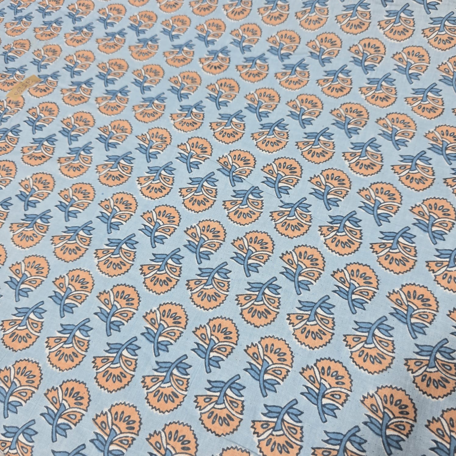 Blue and peach floral block print 100% cotton lawn fabric
