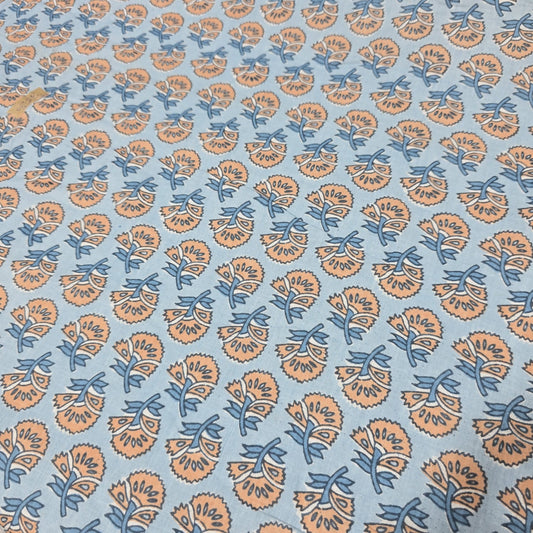Blue and peach floral block print 100% cotton lawn fabric