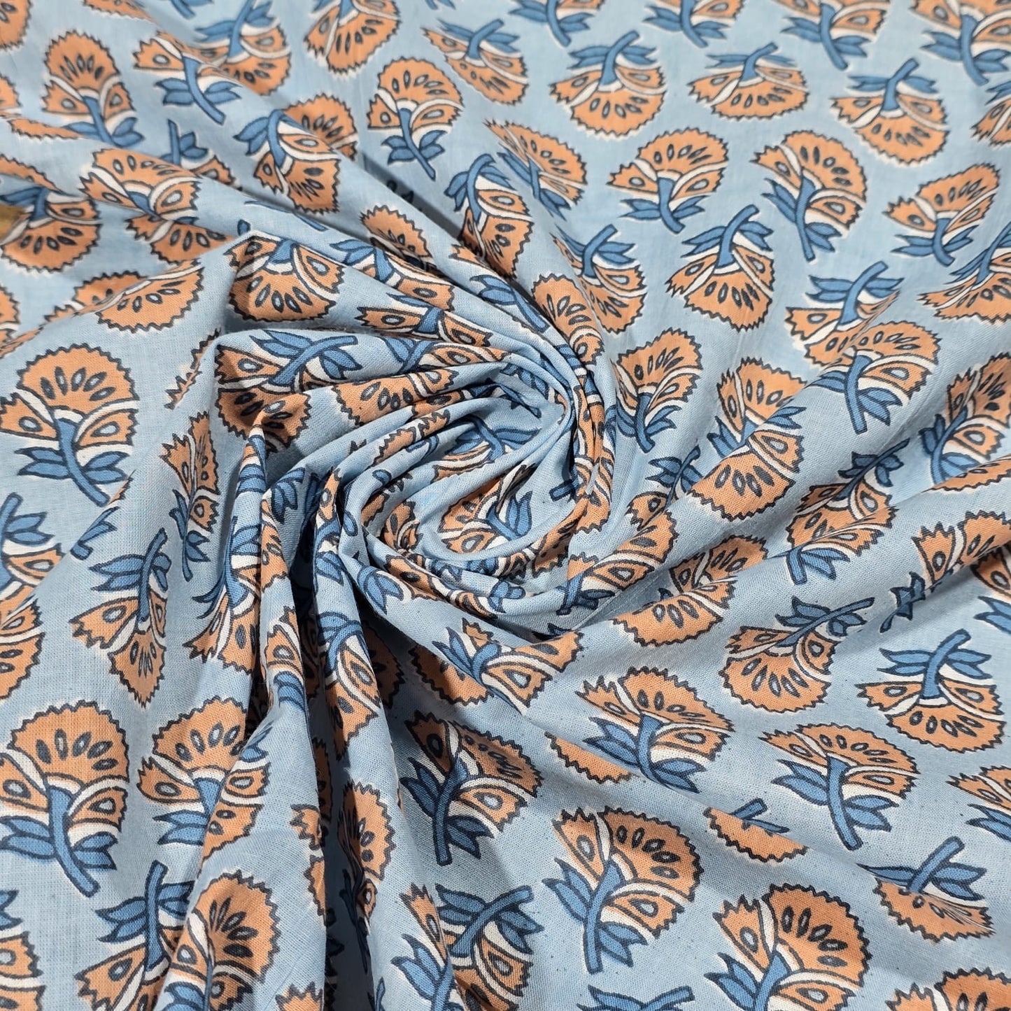 100% Cotton Lawn Fabric – Blue & Peach Floral Block Print | Lightweight Dress Fabric | 44 Inch Wide