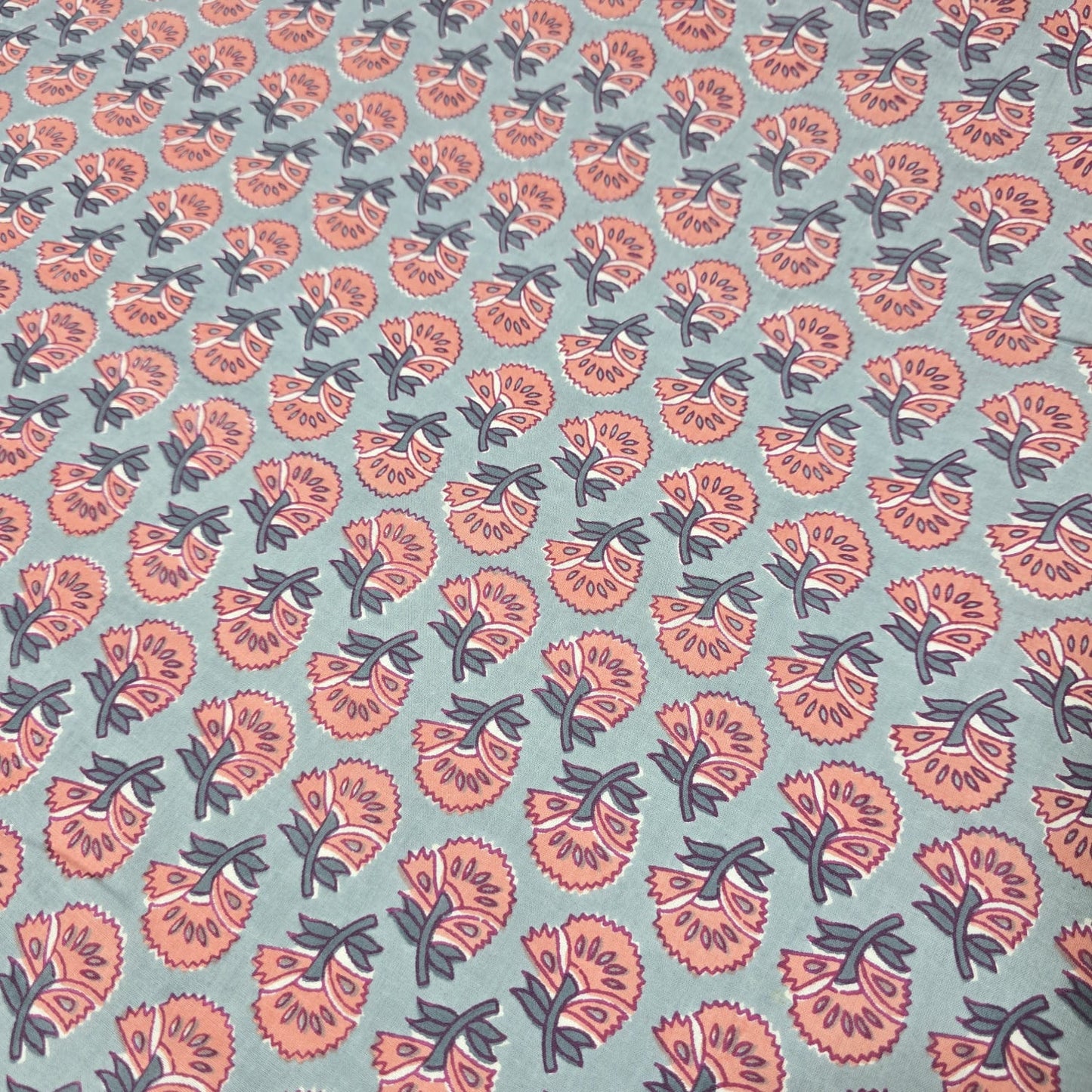 Sage green cotton lawn fabric with coral floral block print