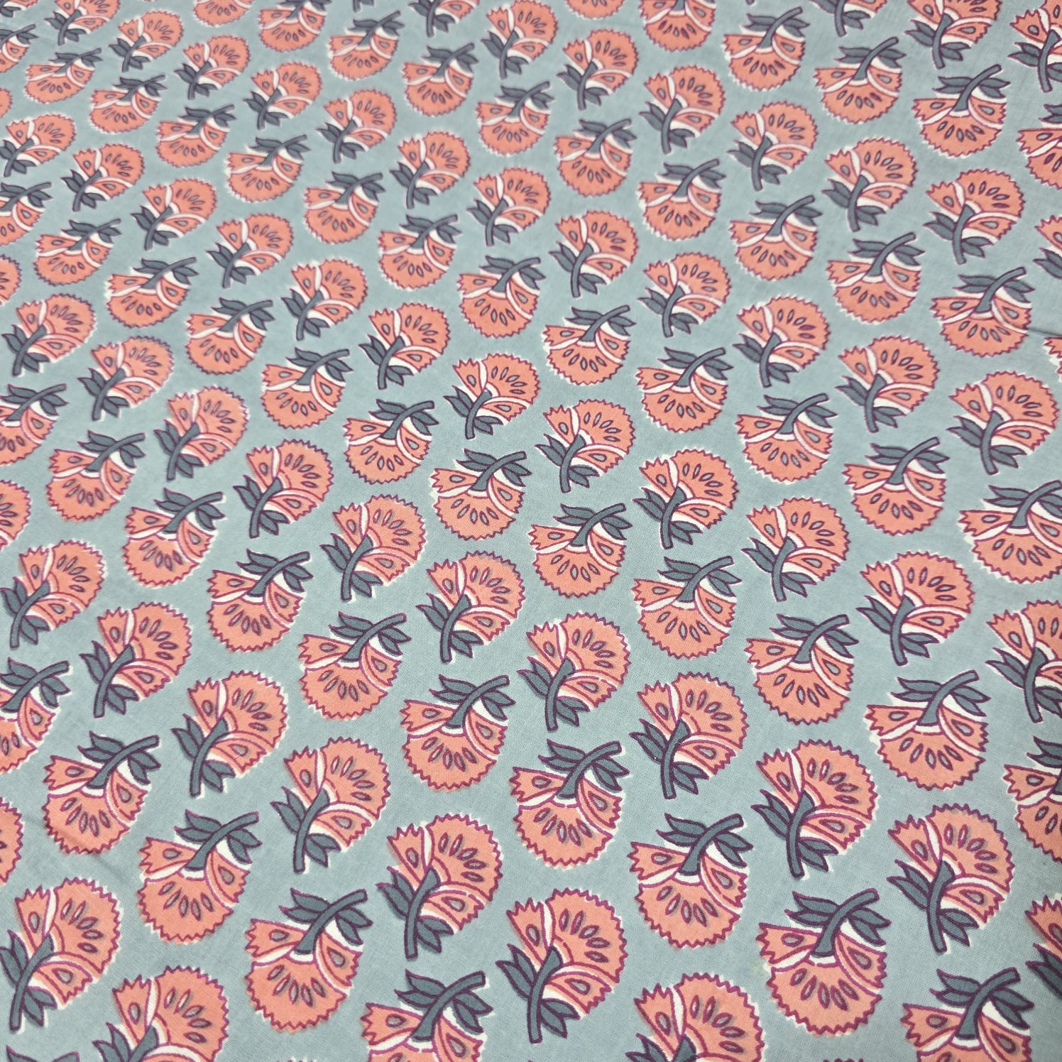 Sage green cotton lawn fabric with coral floral block print
