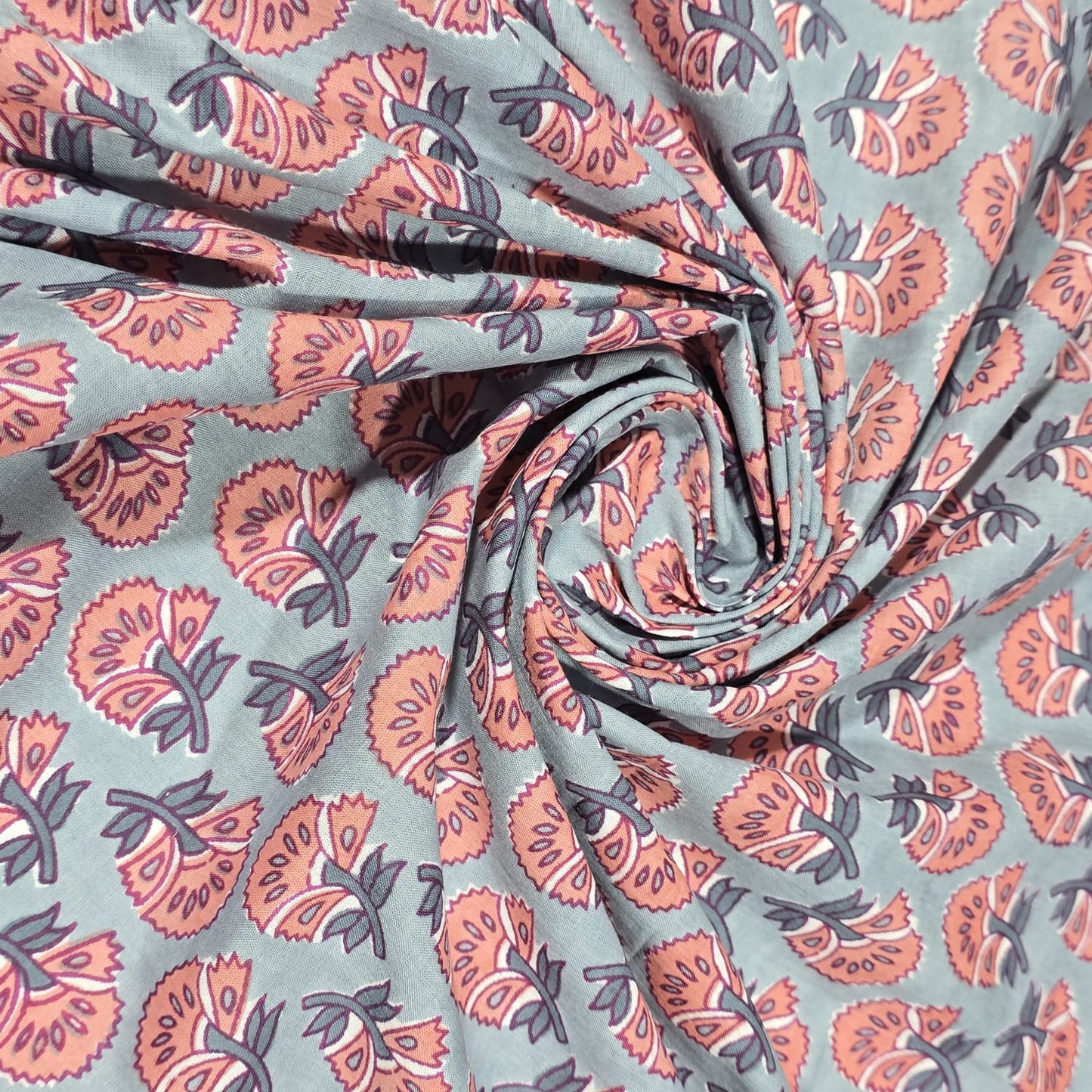 100% Cotton Lawn Fabric – Sage Green & Coral Floral Block Print | Lightweight Dress Fabric | 44 Inch Wide