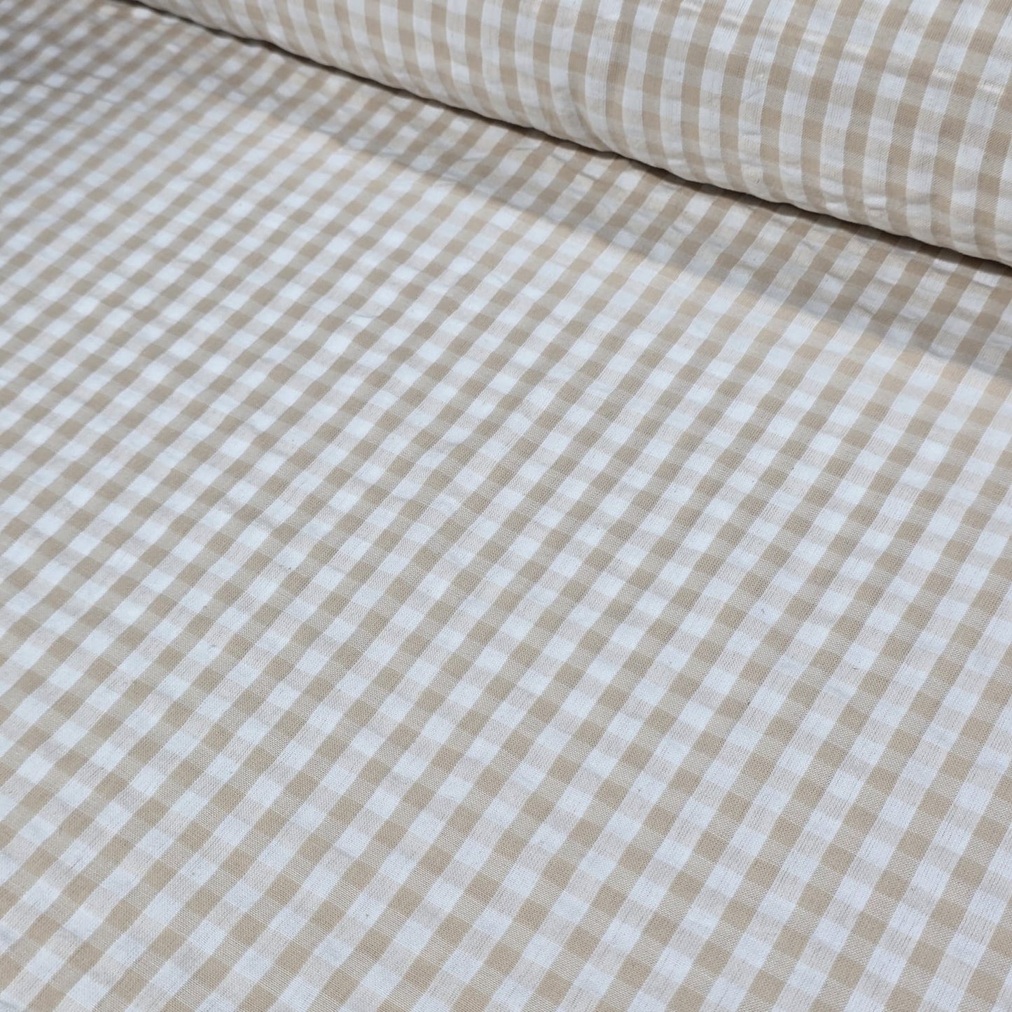 Beige Gingham 100% Cotton Seersucker Fabric Crush Costume Craft Dress Material 58" By The Meter