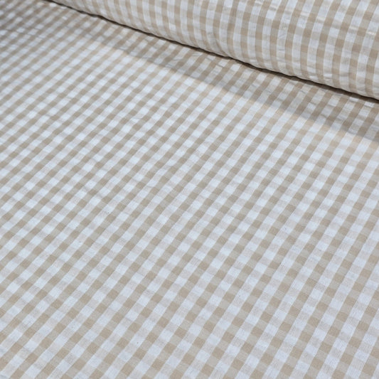 Beige Gingham 100% Cotton Seersucker Fabric Crush Costume Craft Dress Material 58" By The Meter