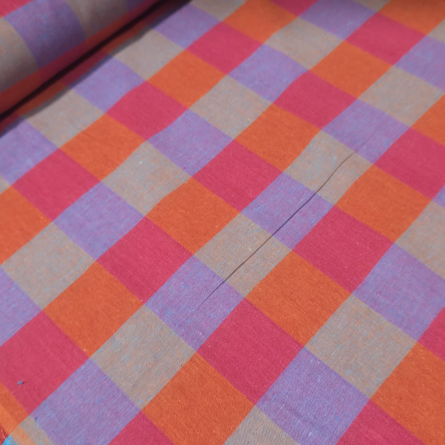 Cotton Linen Large Check Fabric 44 Inch Wide | Orange Pink Purple Plaid Dress Craft Fabric by the Metre