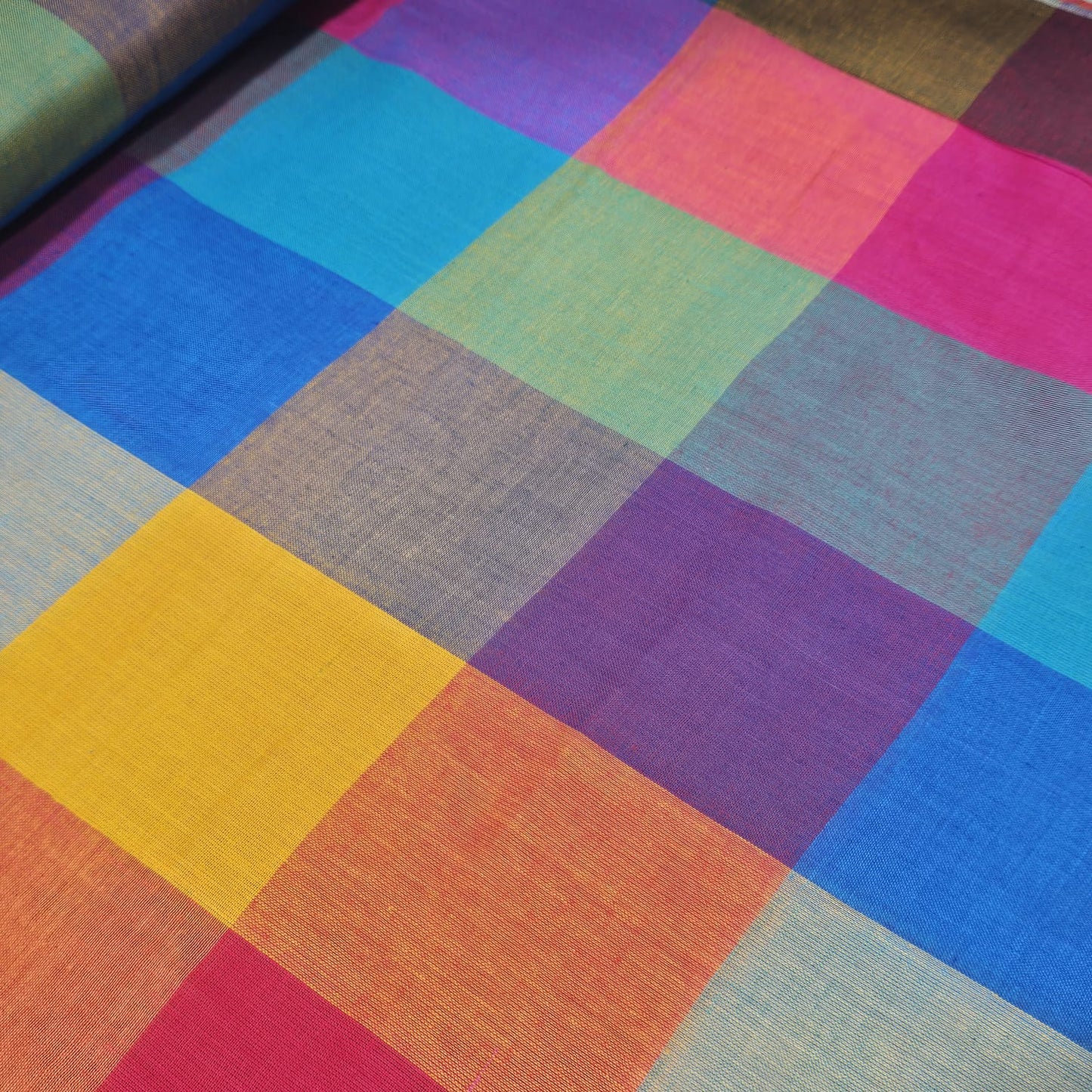 Cotton Linen Large Check Fabric 44 Inch Wide | Bright Multicolour Plaid Dress Craft Fabric by the Metre