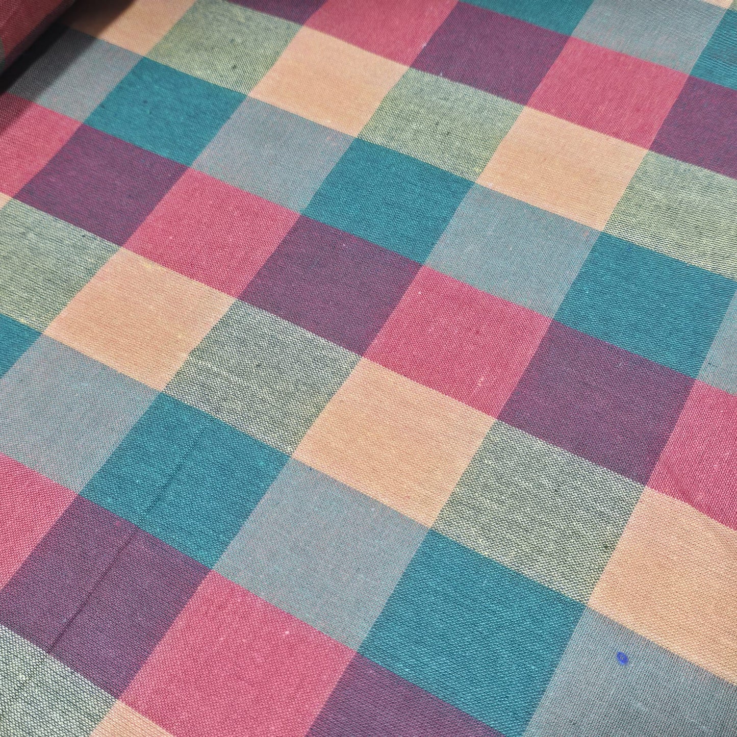Cotton Linen Large Check Fabric Teal Pink Peach | 44 Inch Wide Dress Fabric by the Metre