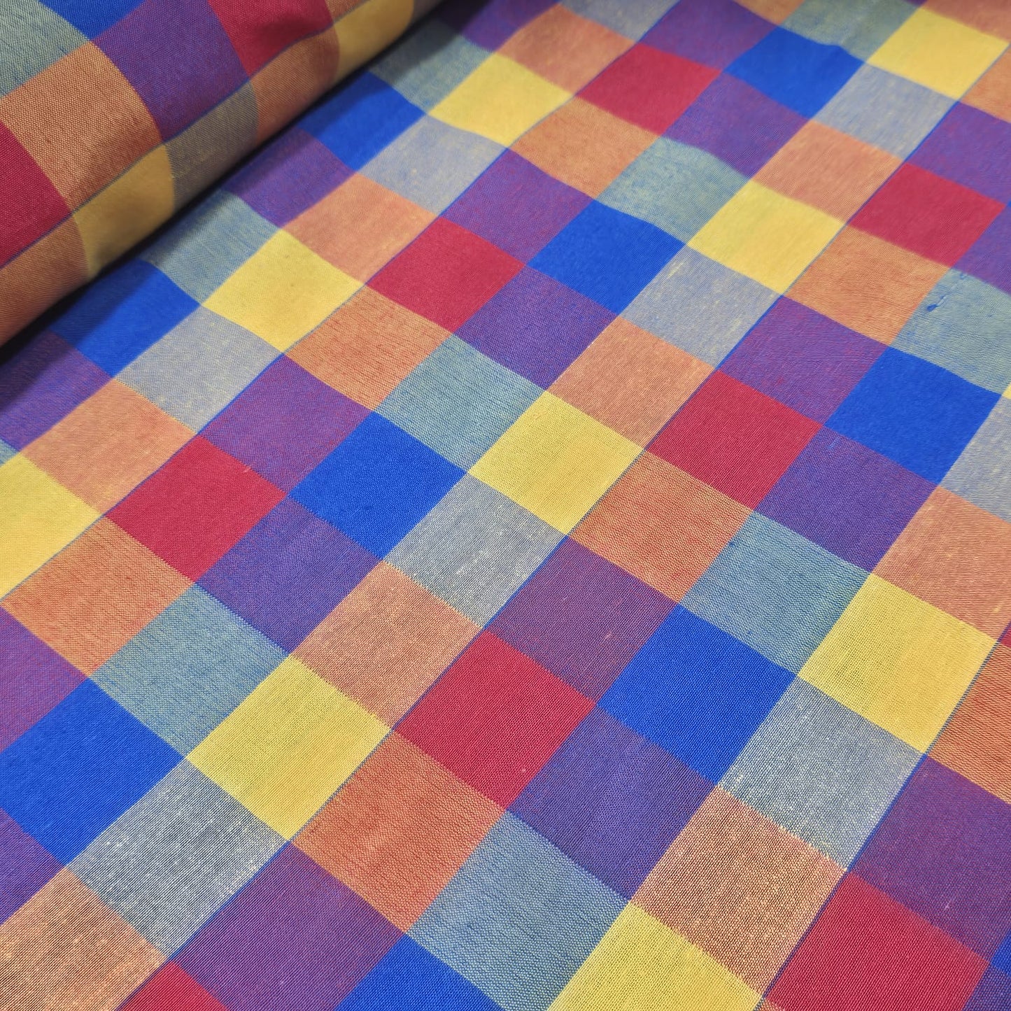 Cotton Linen Large Check Fabric Royal Blue Mustard Red | 44 Inch Wide Dress Fabric by the Metre