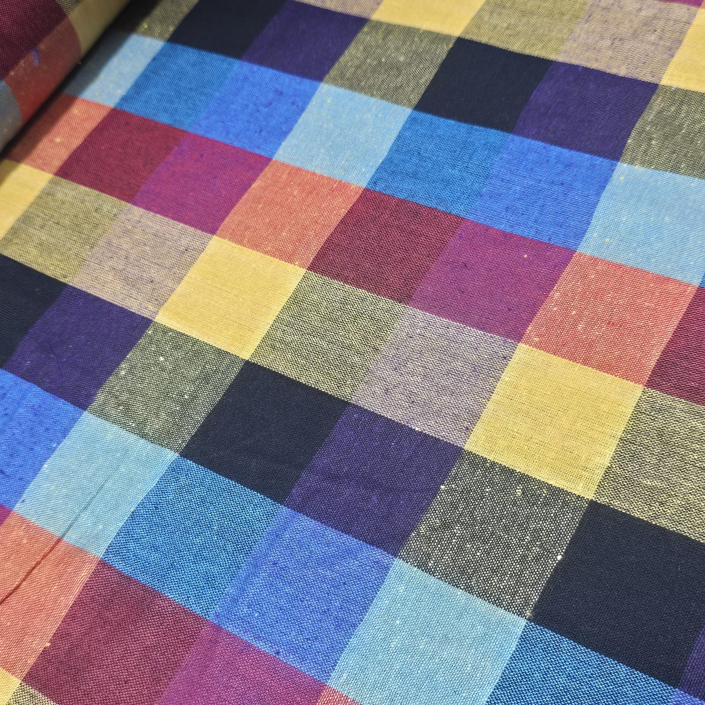 Cotton Linen Large Check Fabric Navy Blue Mustard | 44 Inch Wide Dress Fabric by the Metre