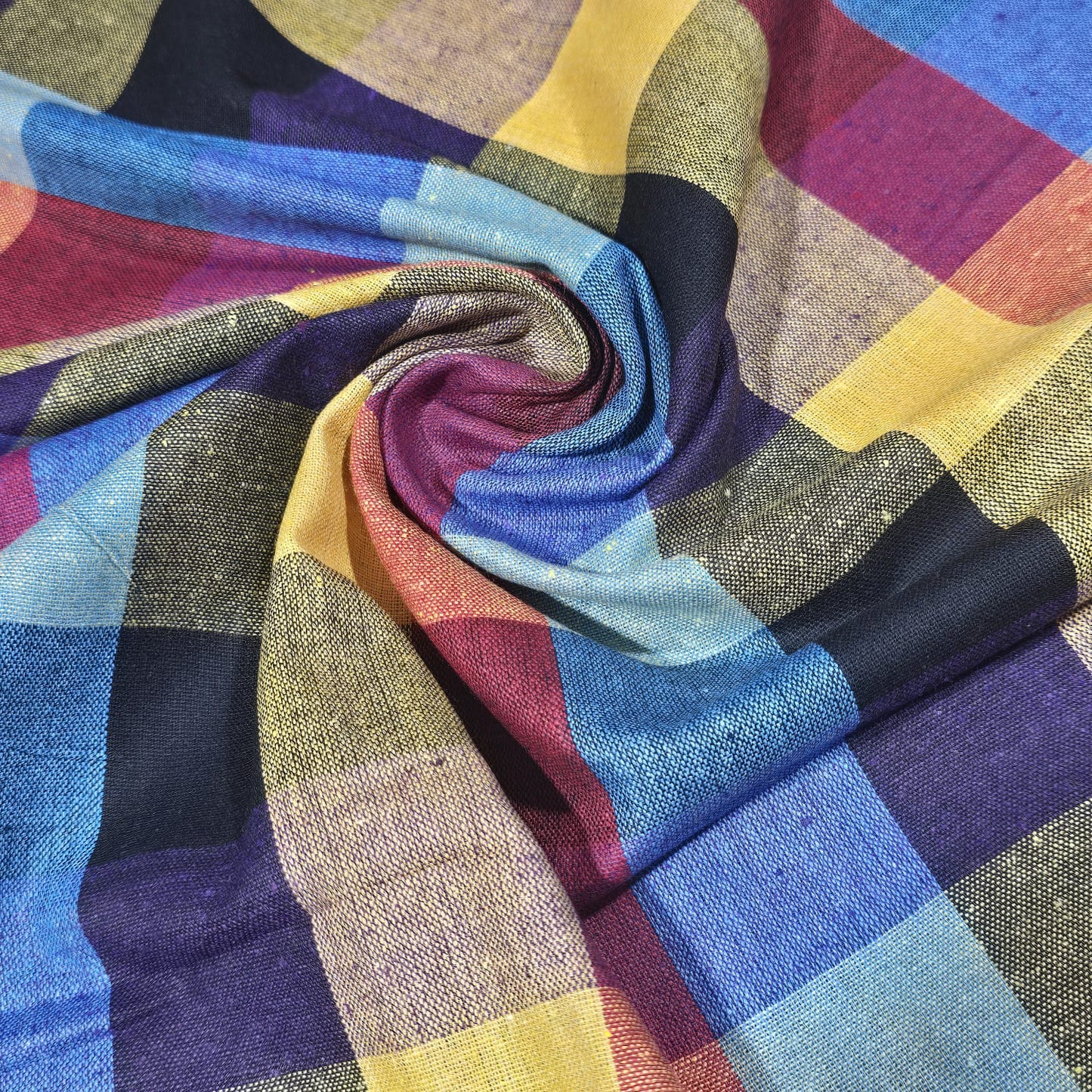 Cotton Linen Large Check Fabric Navy Blue Mustard | 44 Inch Wide Dress Fabric by the Metre
