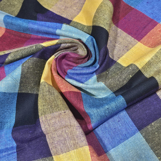 Cotton Linen Large Check Fabric Navy Blue Mustard | 44 Inch Wide Dress Fabric by the Metre