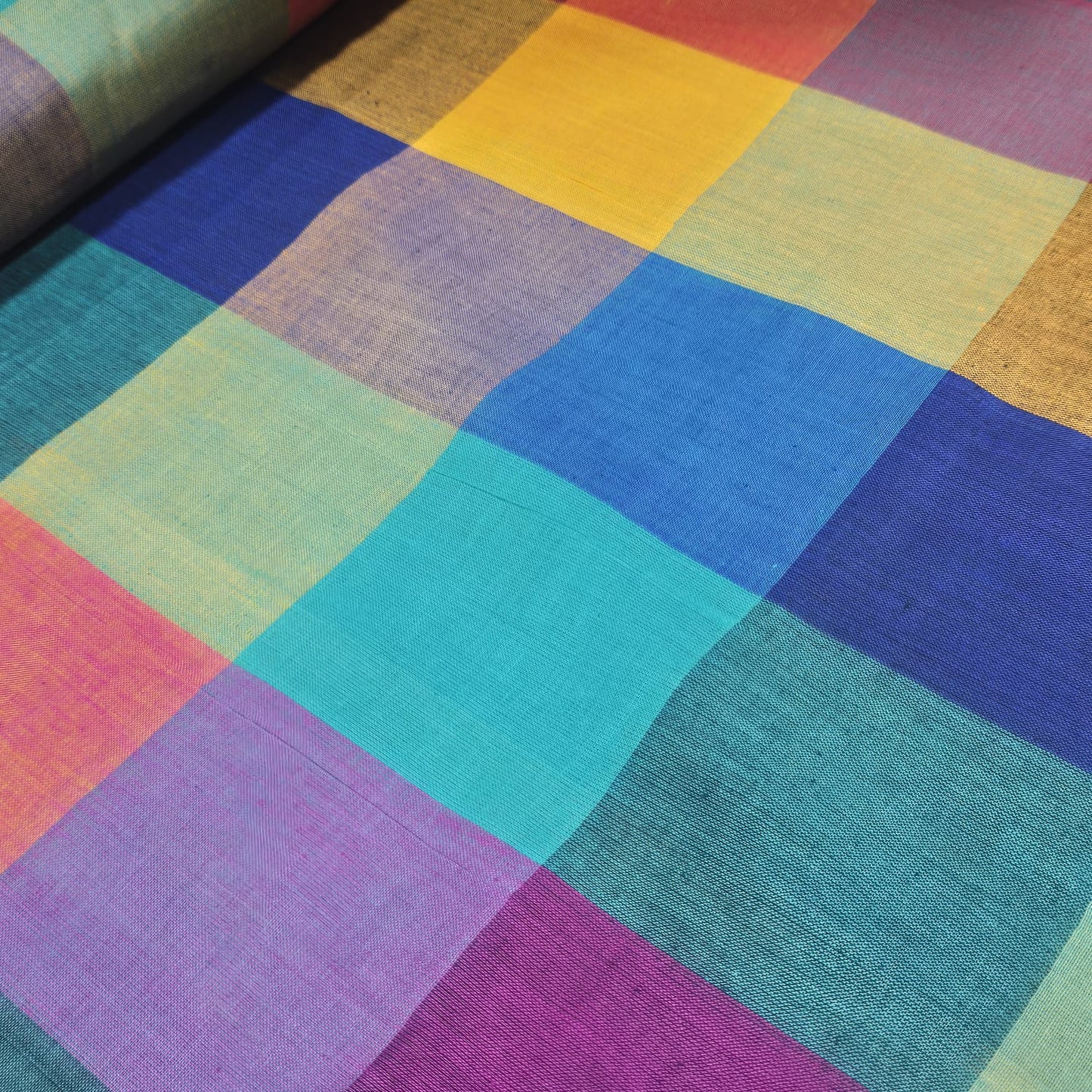 Cotton Linen Large Check Fabric Teal Blue Mustard | 44 Inch Wide Dress Fabric by the Metre