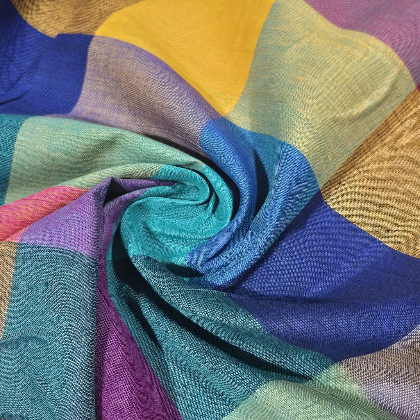 Cotton Linen Large Check Fabric Teal Blue Mustard | 44 Inch Wide Dress Fabric by the Metre
