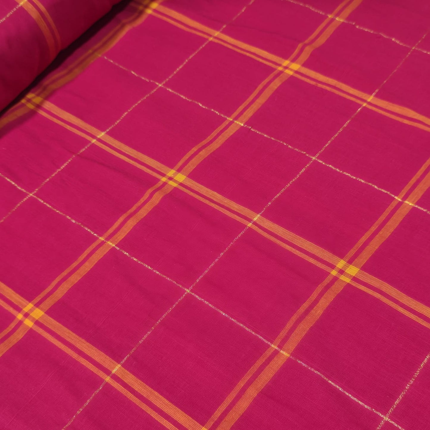 Cotton Linen Metallic Windowpane Check Fabric Magenta Pink Gold | 44 Inch Wide Fabric by the Metre