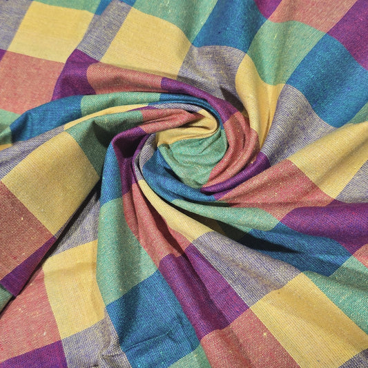 Cotton Linen Large Check Fabric Pastel Multi Colour | 44 Inch Wide Dress Fabric by the Metre