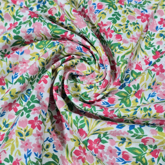 Premium 100% Cotton Lawn Fabric – Ditsy Pink & Green Floral Print – 58" (147cm) Wide by the Metre