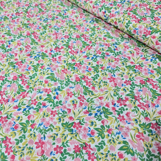 Premium 100% Cotton Lawn Fabric – Ditsy Pink & Green Floral Print – 58" (147cm) Wide by the Metre