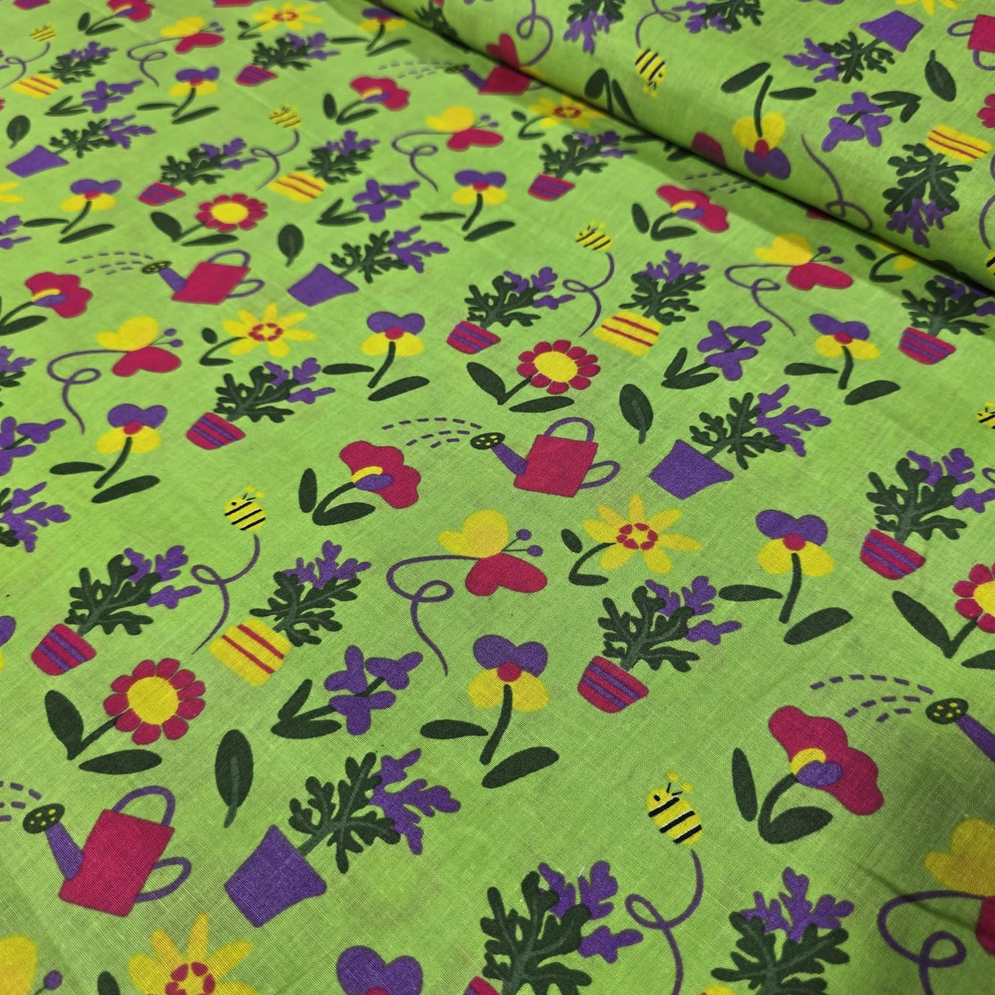 Premium 100% Cotton Lawn Fabric – Green Garden & Watering Can Print – 58" (147cm) Wide by the Metre
