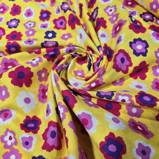 Premium 100% Cotton Lawn Fabric – Bright Yellow Floral Print – 58" (147cm) Wide by the Metre