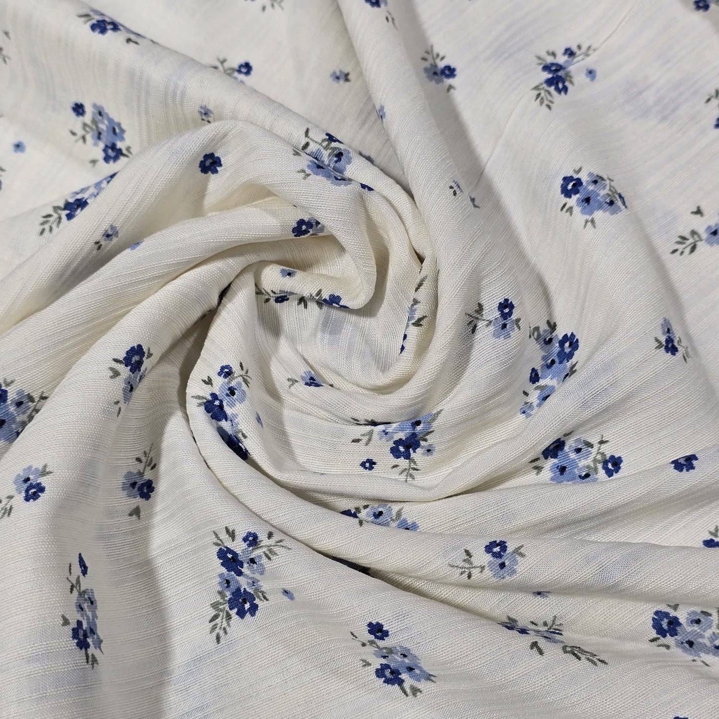 Premium 100% Crinkle Cotton Fabric – Off-White & Blue Ditsy Floral Print – 58" (147cm) Wide by the Metre