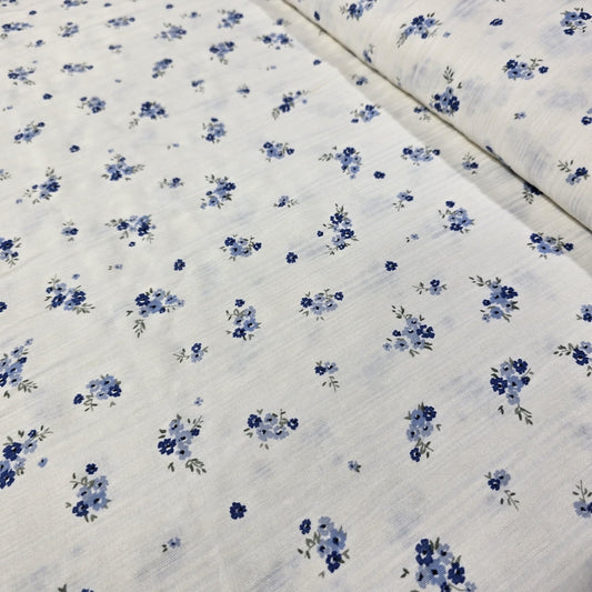 Premium 100% Crinkle Cotton Fabric – Off-White & Blue Ditsy Floral Print – 58" (147cm) Wide by the Metre