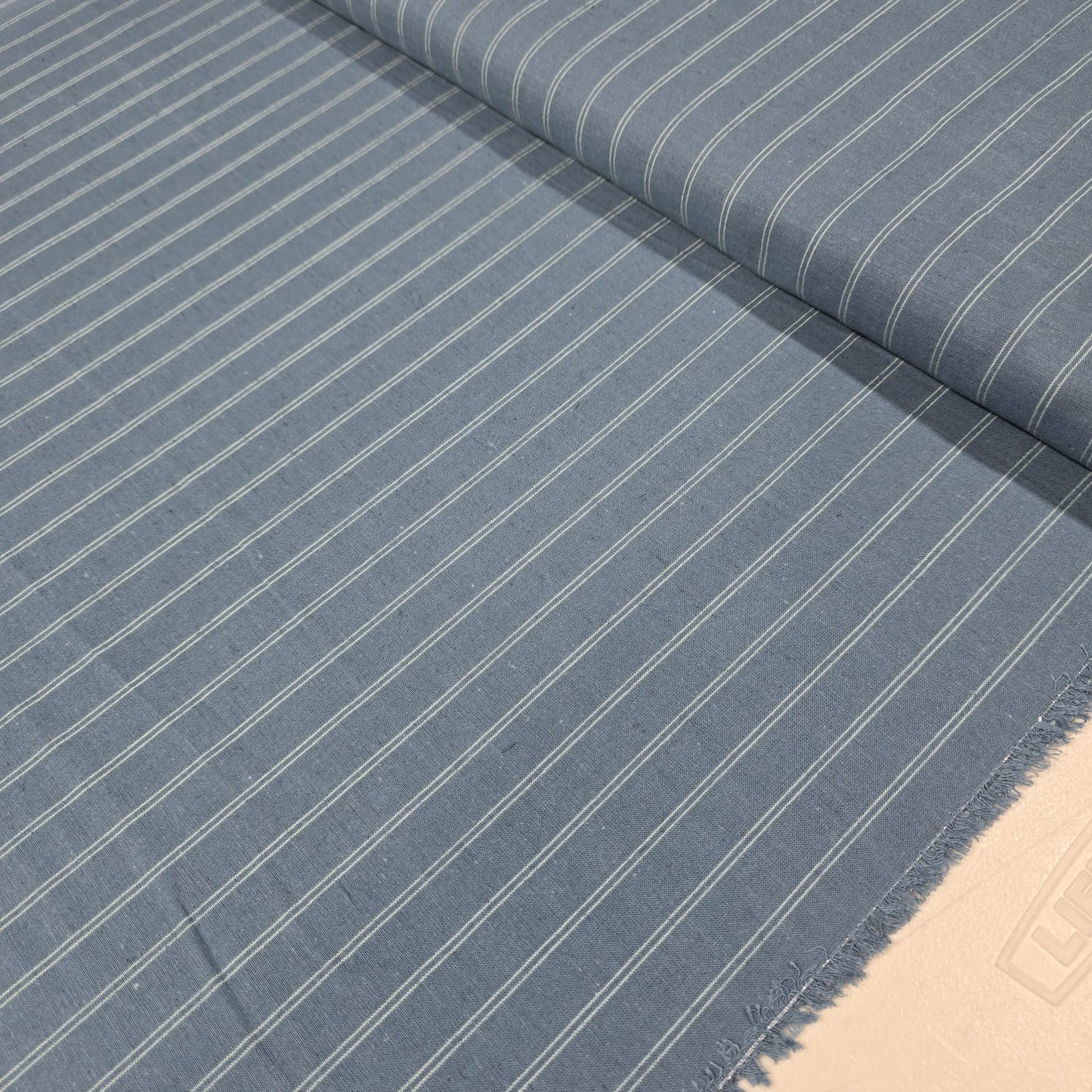 Premium Cotton Linen Blend Fabric – Slate Blue Pinstripe Pattern – 58" (147cm) Wide by the Metre