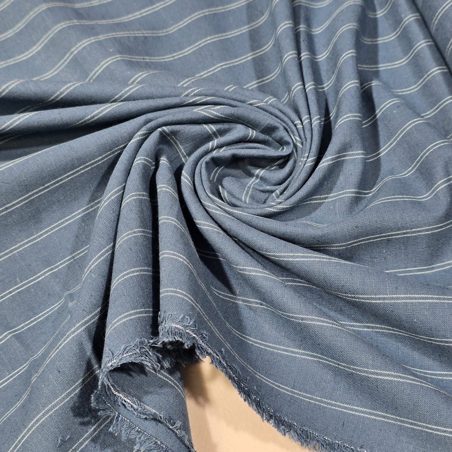 Premium Cotton Linen Blend Fabric – Slate Blue Pinstripe Pattern – 58" (147cm) Wide by the Metre