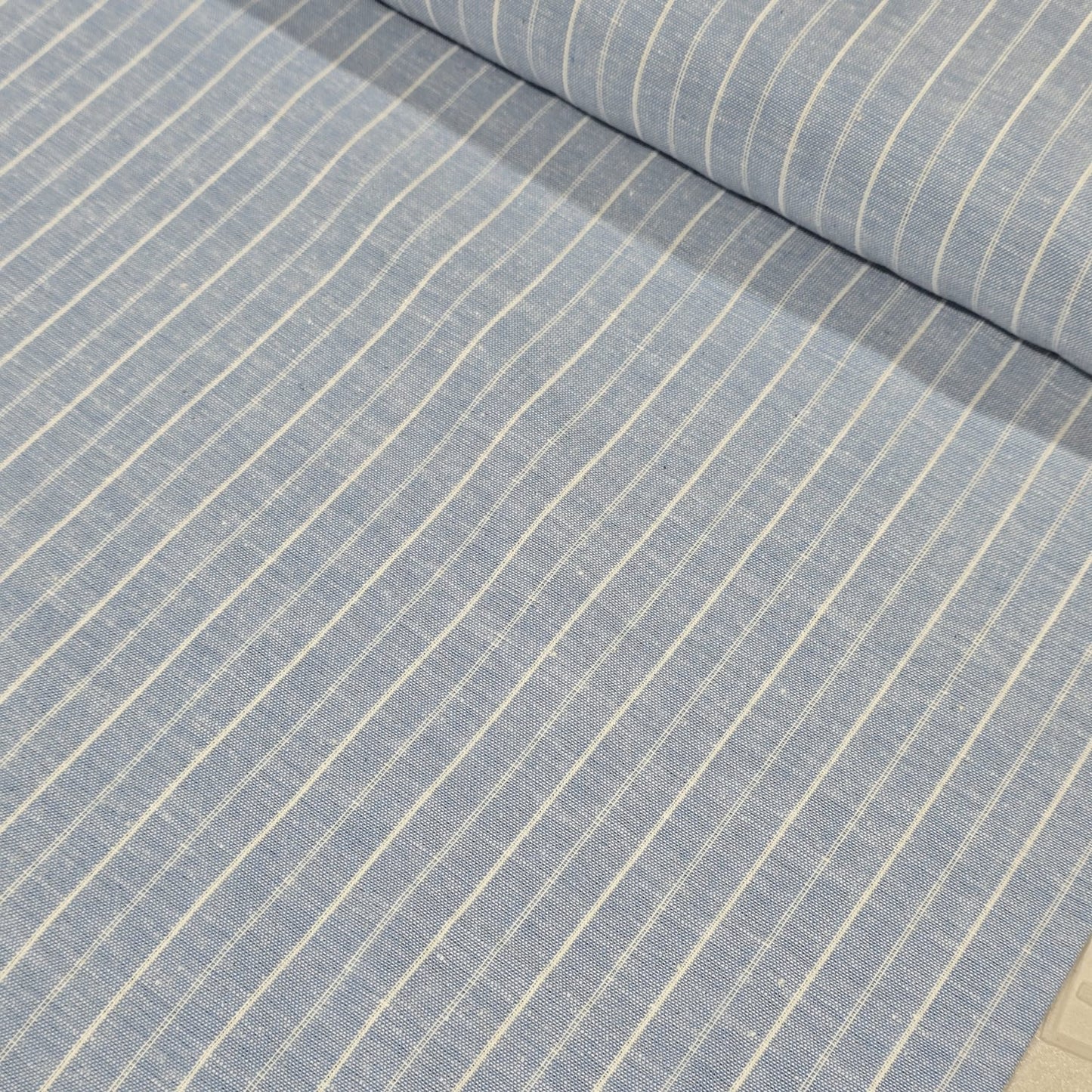 Premium Cotton Linen Blend Fabric – Light Blue Pinstripe Pattern – 58" (147cm) Wide by the Metre