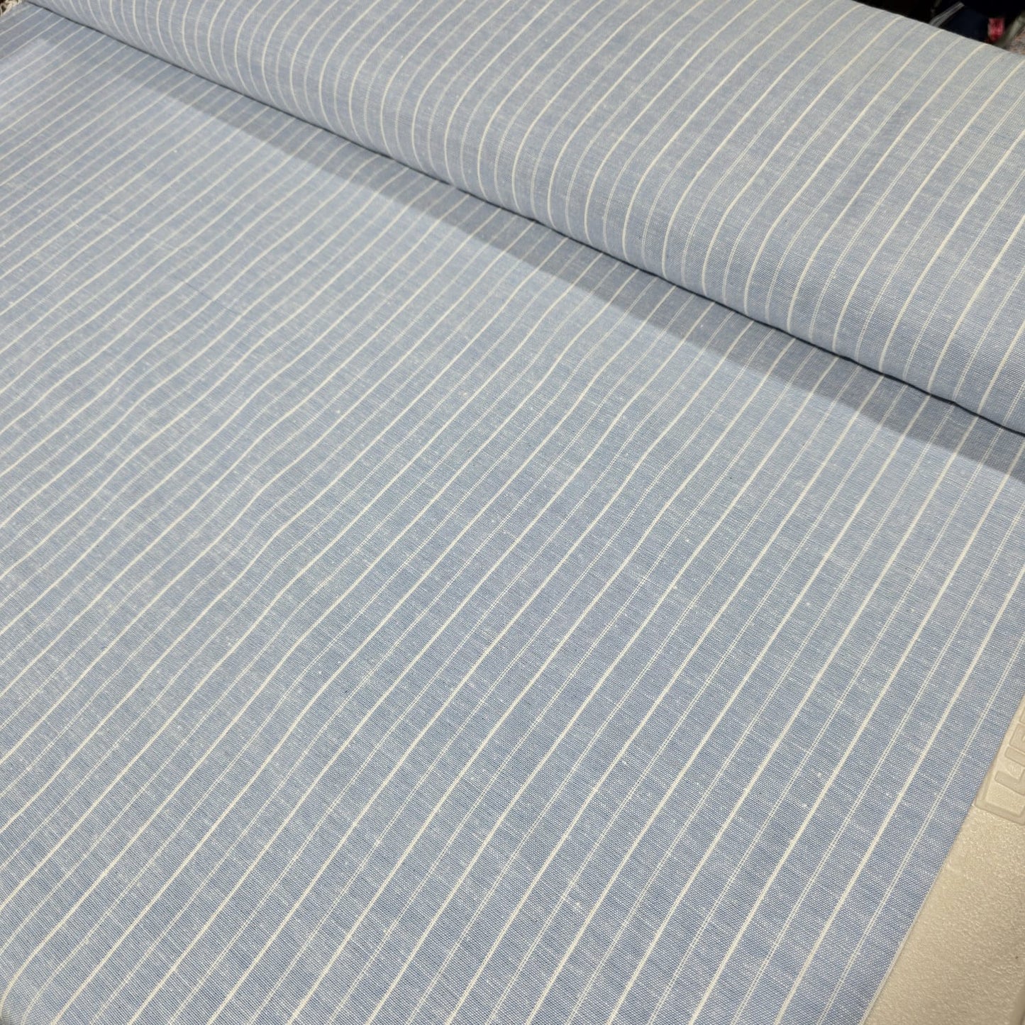 Premium Cotton Linen Blend Fabric – Light Blue Pinstripe Pattern – 58" (147cm) Wide by the Metre