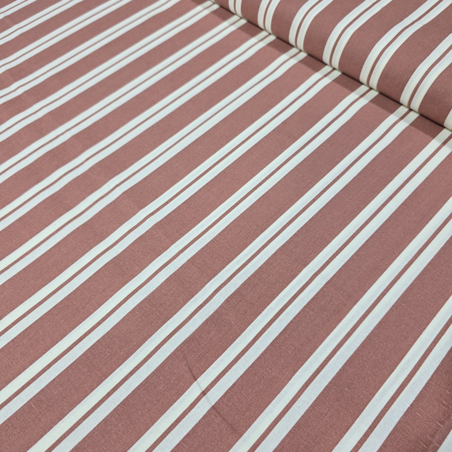 Premium Cotton Linen Blend Fabric – Dusky Pink & Terracotta Stripe Pattern – 58" (147cm) Wide by the Metre