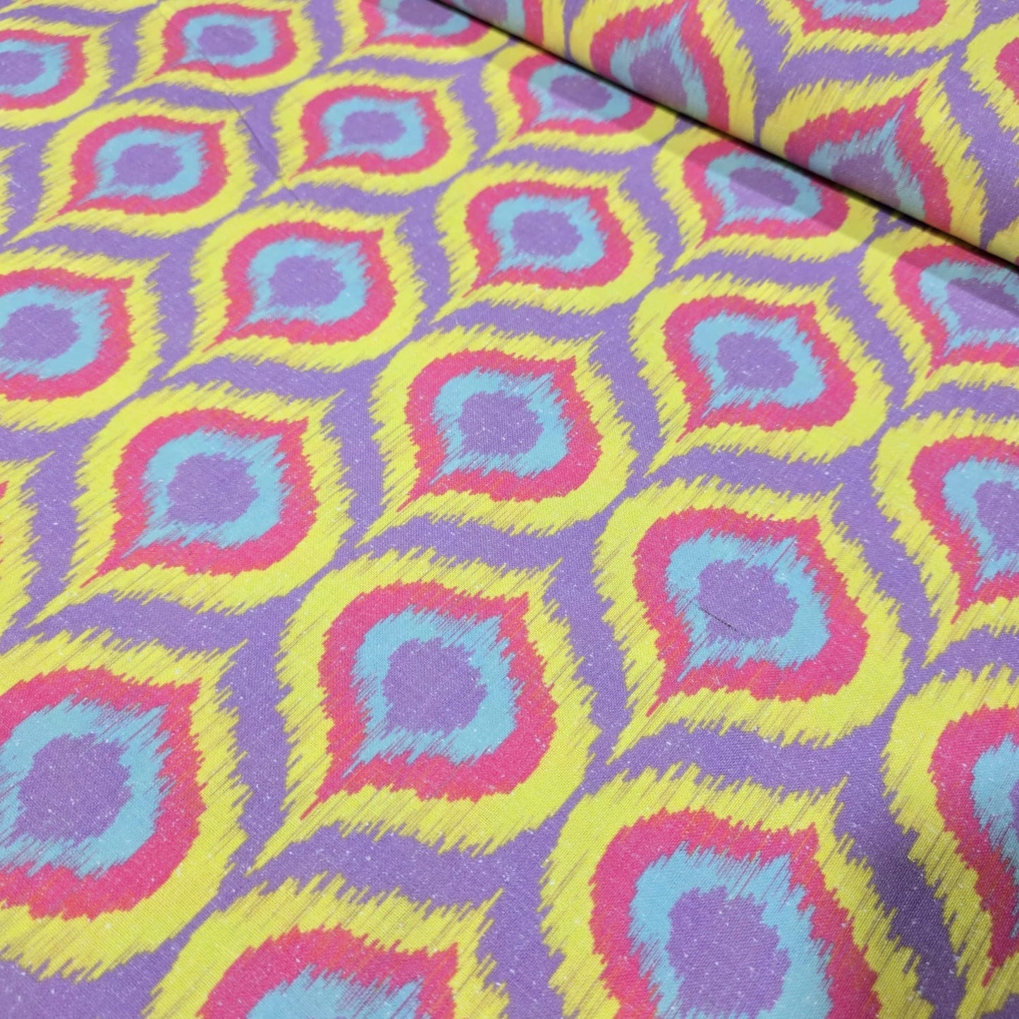 Premium Cotton Linen Blend Fabric – Lilac & Yellow Ogee Ikat Pattern – 58" (147cm) Wide by the Metre
