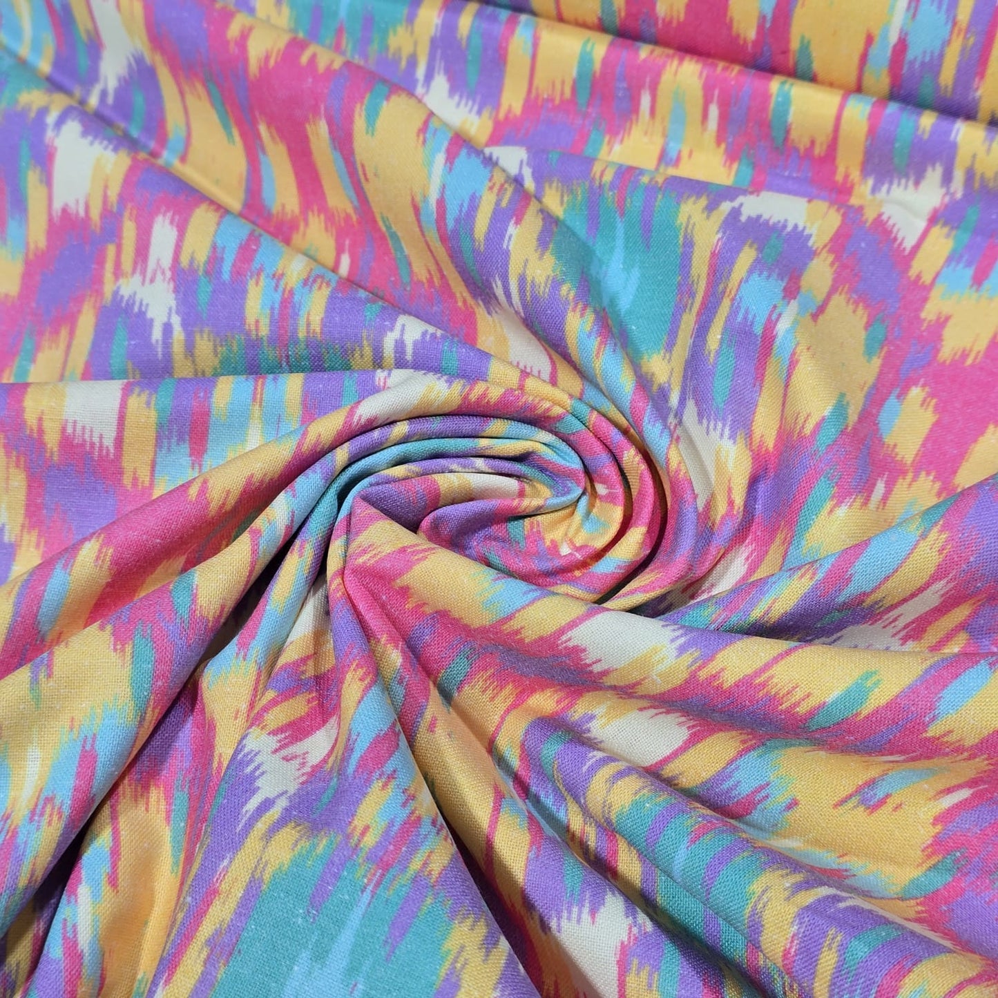 Premium Cotton Linen Blend Fabric – Pastel Pastel Multi-Colour Ikat Pattern – 58" (147cm) Wide by the Metre