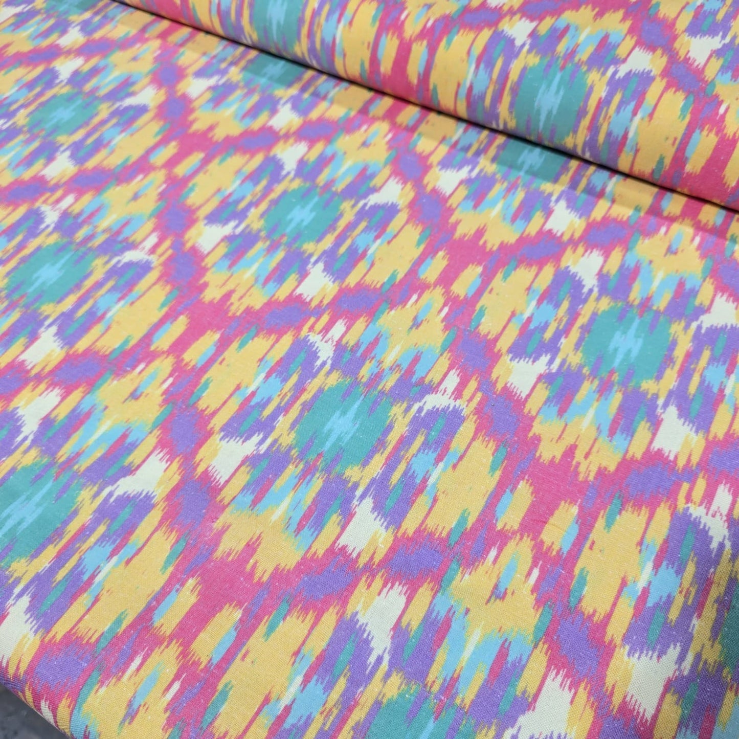 Premium Cotton Linen Blend Fabric – Pastel Pastel Multi-Colour Ikat Pattern – 58" (147cm) Wide by the Metre