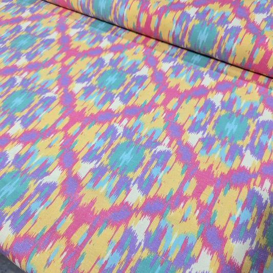Premium Cotton Linen Blend Fabric – Pastel Pastel Multi-Colour Ikat Pattern – 58" (147cm) Wide by the Metre