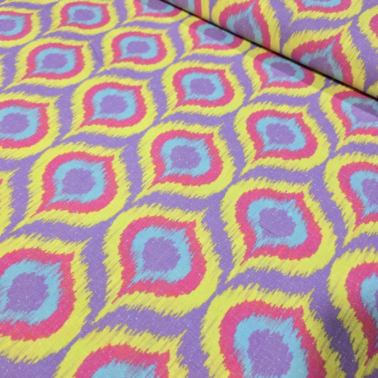 Premium Cotton Linen Blend Fabric – Lilac & Yellow Ogee Ikat Pattern – 58" (147cm) Wide by the Metre
