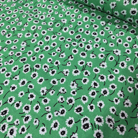 Premium Cotton Linen Blend Fabric – Emerald Green Ditsy Daisy Print – 58" (147cm) Wide by the Metre